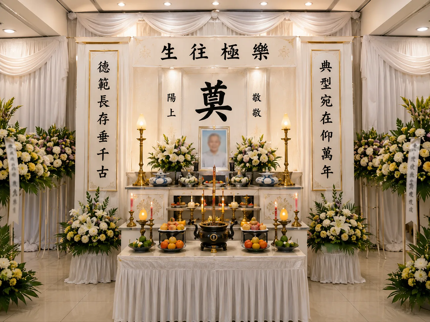 Illustrative concept of a Taoist memorial altar with calligraphy and floral arrangements