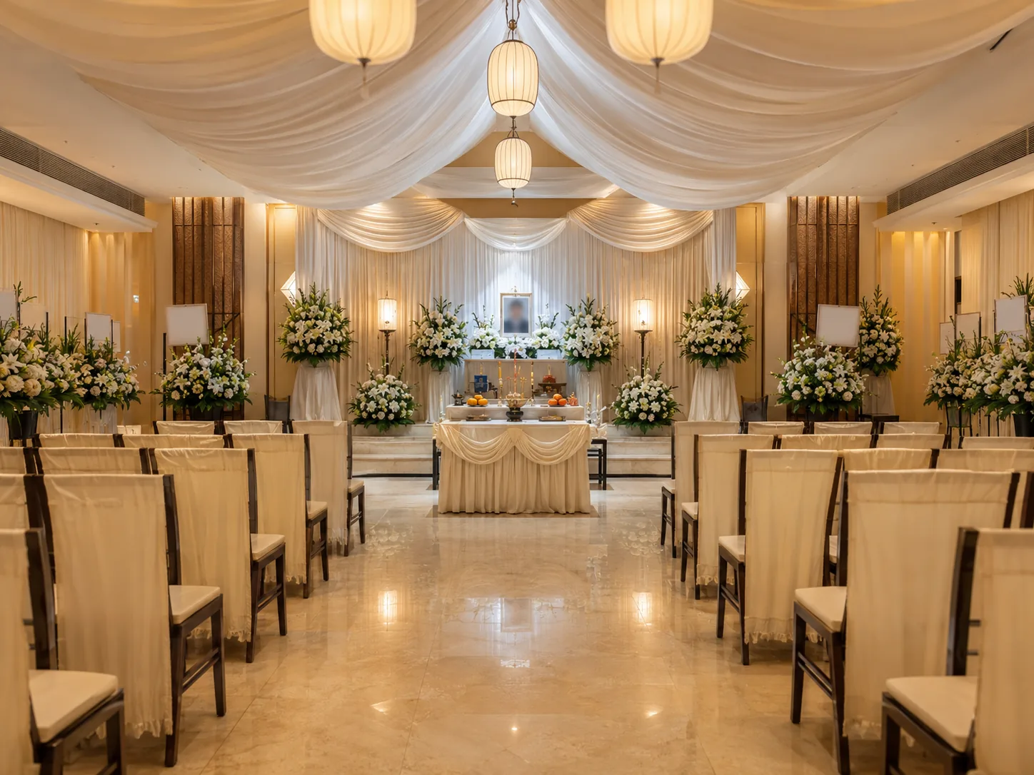 Illustrative funeral setting with floral displays