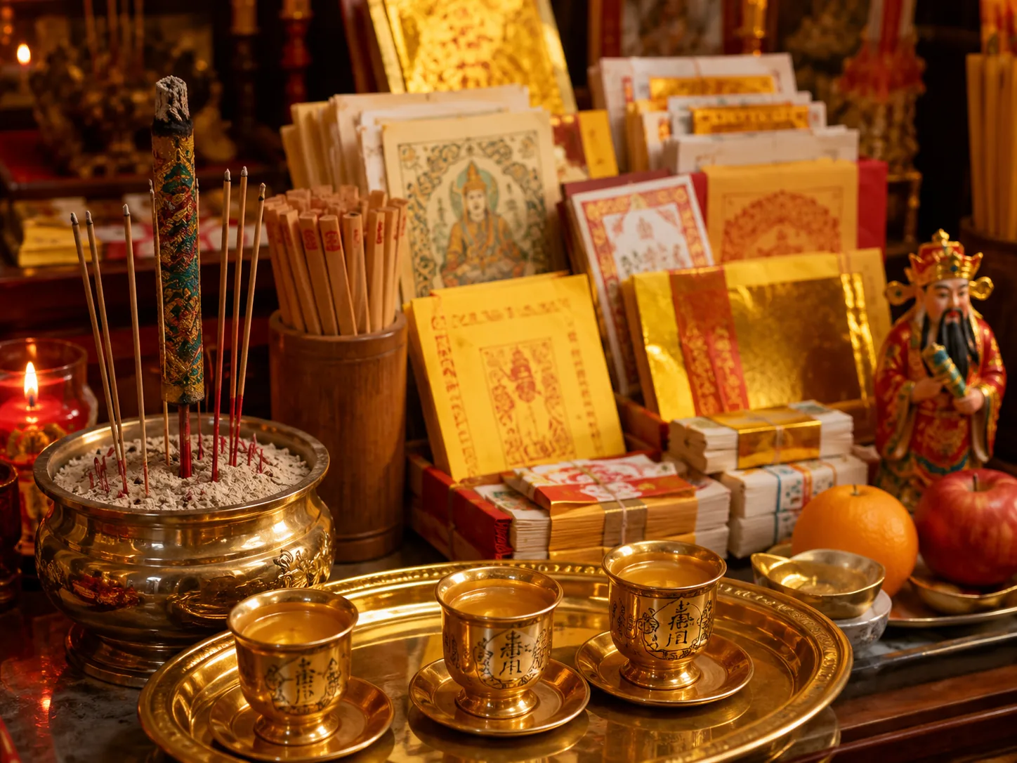 Illustrative Taoist altar with incense, paper items and ceremonial vessels